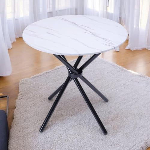 FurnitureR Runder Bistrotisch, 80 x 80 cm, Dining Desk, H-75 cm, niedriger Tisch, MDF und Eisenrahmen, weißer Marmor, ideal für Balkon, Terrasse, Indoor Kitchen, Home Bar, Restaurant