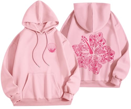 Lubpow Damen-Kapuzenpullover mit niedlichem rosa Blumenmuster, ästhetisch, adrett, hawaiianischer Hibiskus-Sweatshirt, lässiger Puff-Grafik-Hoodie, Pullover, Pink, S