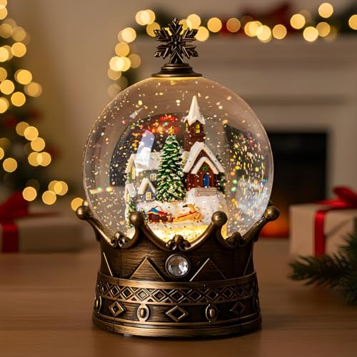Weihnachts-Schneekugel-Laterne, glitzerndes Dorf- und Weihnachtsmannkrone mit Musik, USB-gefüttert/batteriebetrieben, beleuchtete Laterne für Weihnachtsfest, Dekoration, Geschenke