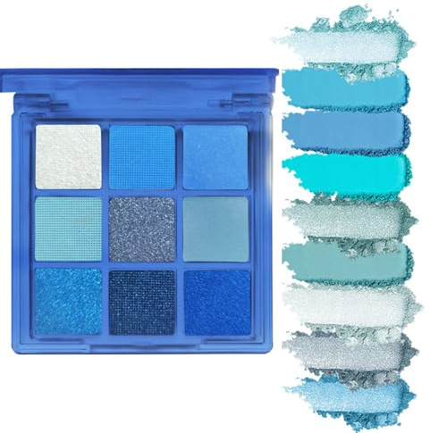 OCHILIMA Palette di ombretti con paillette blu 9 colori, da blu scuro ad azzurro, blu reale, blu cobalto, blu bebè, blu cielo, blu navy, con riflessi metallici