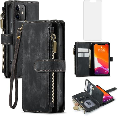 Asuwish Handyhülle für iPhone 12 Mini Hülle mit Folie Schutzfolie Kartenfach Klappbar Leder Geldbörse Ständer i-Phone i 12mini Mini-hülle Handy Hüllen Schutzhülle Reißverschluss Phone Case Schwarz