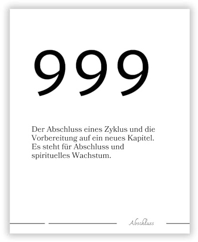 Druck-Palast Spirituelle Engelszahl 999 Abschluss Poster - 40x50cm - Kunstdruck - Wohnzimmer Schlafzimmer - Minimalistisch Modern Inspirierend - Hochwertiger semimatter Druck