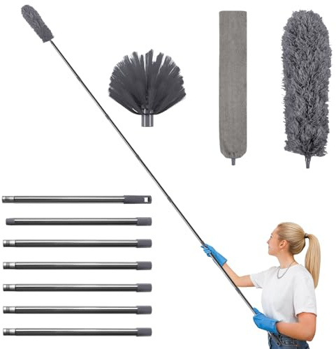 Terafeels 122in / 310 cm Feather Duster Extendable for Cleaning, Long Handled Duster on a Stick, Cobweb Brush Extendable (Grey)