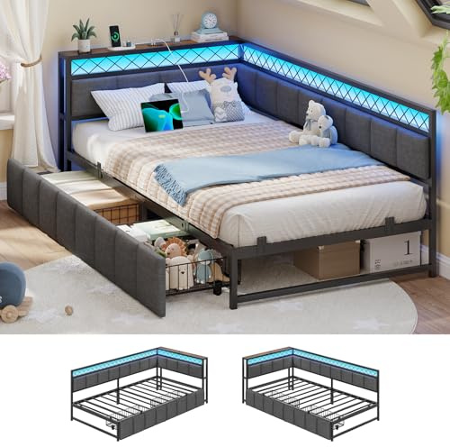 AOGLLATI Polsterbett Schlafsofa 90x200 mit USB-Steckdosen und LED-Beleuchtung Jugendbett 90x200 mit 2 Schubladen,Tagesbett Gästebett Bettgestell mit Lattenrost,Ohne Matratze (Grau) (90x200cm)