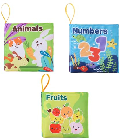 OPVYAEU 3 Stück Babybuch Stoffbuch mit Papierquietscher, Baby Spielzeug 0-6 Monate Sensorisches Buch - Interaktive Fühlbuch Knisterbuch Babyspielzeug Geschenke für Neugeborene - Zahlen, Tiere, Früchte