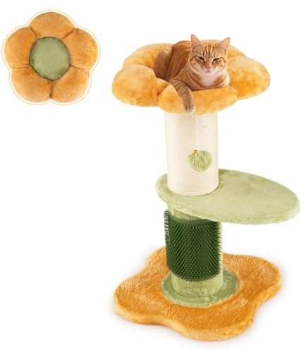 FANTASK Kratzsäule Klein, Katzenkratzbaum mit dickem Sisalstamm Plüschsitz Selbstpflegebürste Ballspiel, Kletterbaum Blumen-Design Katzenmöbel Indoor, Gelb