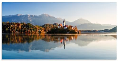 ARTLAND Wanddeko Wandbild Alu Verbundplatte für Innen & Outdoor Bild 100x50 cm Natur See Landschaft Herbst am Bleder See Slowenien U6BQ
