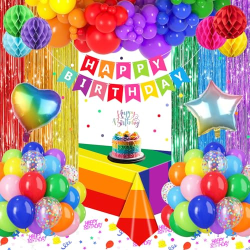 GYESXYW Geburtstagsdeko Regenbogen, Premium Wiederverwendbare Regenbogen Party Deko Set mit Happy Birthday Banner, Luftballons, Tischdecke, Vorhang, Wabenbälle