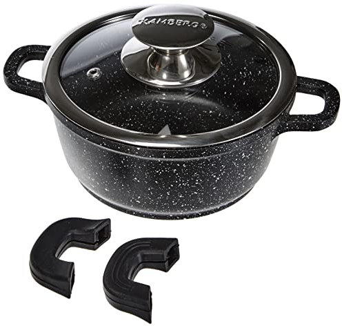Kamberg - Marmite Faitout 16 cm - Fonte d'Aluminium - Revêtement Type Pierre - Couvercle en Verre - Tous Feux dont Induction - Sans PFOA - 0008030, Noir