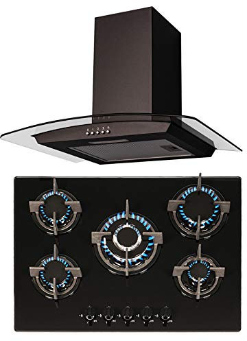 SIA 70cm Black Glass 5 Burner Gas Hob And Curved Glass Cooker Hood Extractor Fan