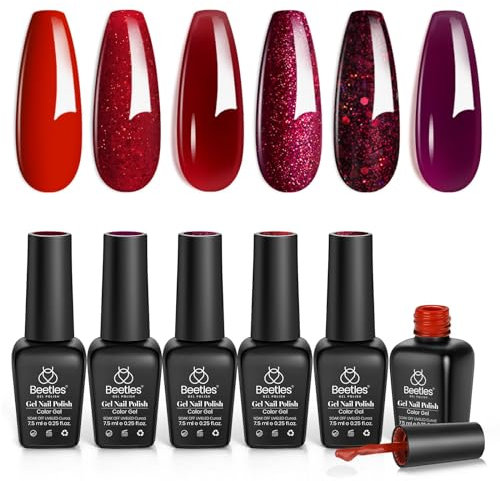 Beetles Red Gel Nail Polish Set Poinsettia Collection 6 Pcs Dark Burgundy Red Glitter Gel Polish Soak Off UV LED Nail Lamp Gel Nail Kit Nail Art Manicure Gifts for Women Girls