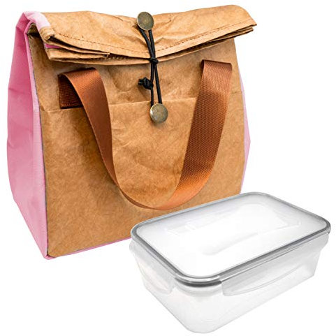 NERTHUS FIH 392 Bolsa termica Porta Alimentos Diseño con Tyvek de estraza y Detalle Color Rosa + 1 Hermético 1 Litro