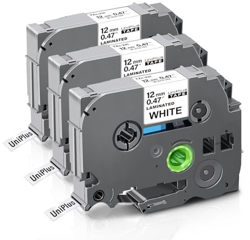 UniPlus Kompatible Tze 0,47 12mm Schriftband für Brother Tze-231 Tze231 Tz-231 TZc-231 Etikettenband für Brother P-Touch H105 E100 P300BT H107B H100R H110 D210 D400VP H200 1000 Cube, Schwarz auf Weiß