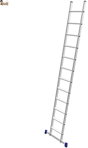 BricoLoco Scala Alluminio 1 Tramo Industriale Professionale Appoggio Semplice 14 Gradini Altezza Totale 4,10 Metri Profilo Larghezza di Grande Sezione e Barra Stabilizzante