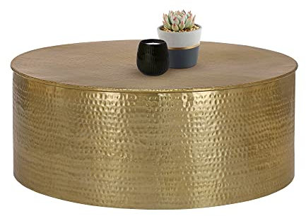 WOMO-DESIGN Couchtisch Ø 90x37 cm Gold, Unikat, Hammerschlag-Optik, Handgefertigter Beistelltisch, Orientalischer Wohnzimmertisch, Runde Tisch, Aluminium Loungetisch, Flacher Sofatisch, Metall Tisch