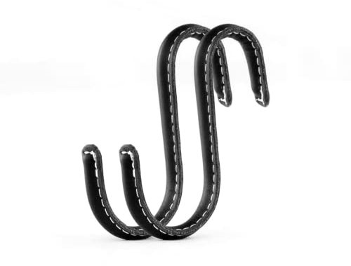Brute Strength - S Shaped Hooks Wrapped in Full Grain Leather - 2 pcs - Black - 10 cm Stainless Steel Metal Hangers Hanging Hooks for Kitchen, Work Shop, Bathroom