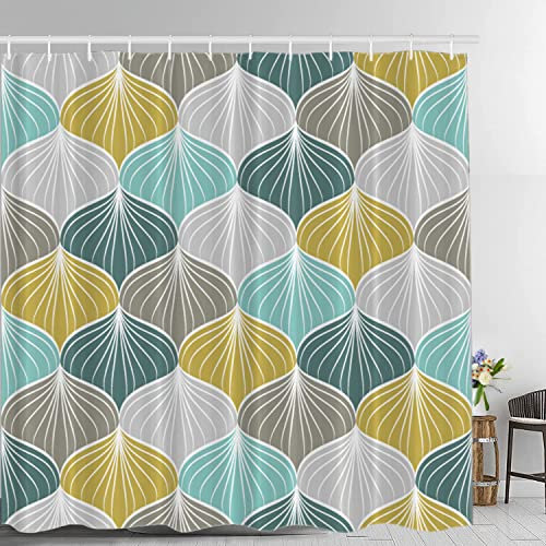 Batmerry Rideau de Douche géométrique, Jaune Moutarde et Vert à Motif rétro, Rideaux de Douche en Tissu imperméable pour Salle de Bain de 182,9 x 182,9 cm.