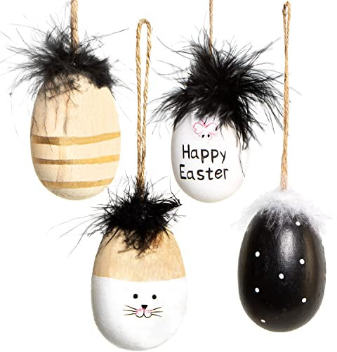 Logbuch-Verlag 4 Osteranhänger aus Holz Ostereier zum Aufhängen 7 cm schwarz-weiß Osterdeko zum Hängen