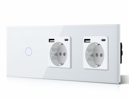 BSEED Lichtschalter mit Steckdose Doppelt 3 in 1 Steckdose + 2.1A USB Ladeleistung + Type C Adapter, 1 Fach 1 Weg Lichtschalter Glasscheibe Schalter mit LED Hintergrundbeleuchtung 228mm Weiß