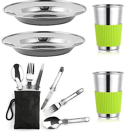 12 Piece Camping Mess Kit,Camping Cooking Utensils Accessories with Plates Cups Forks Spoons and Knives for 2 People,Stainless Steel Camping Cutlery Set with Mesh Bag for Backpacking, Hiking, Picnic