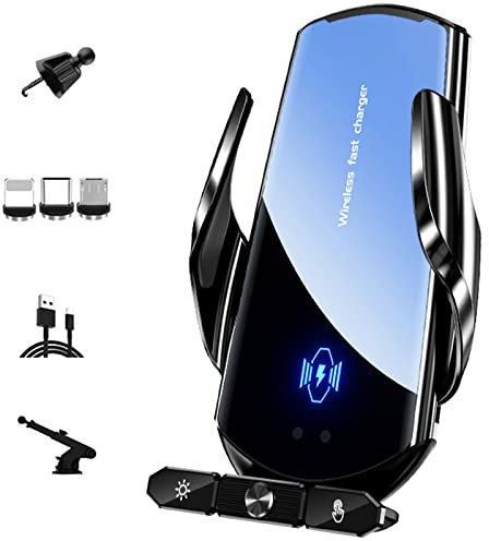 Caricabatterie wireless da auto, 15 W, ricarica rapida, supporto per cellulare, presa d'aria, ricarica wireless, ricarica magnetica, ricarica USB con porta USB di tipo C/iOS/Micro (nero)