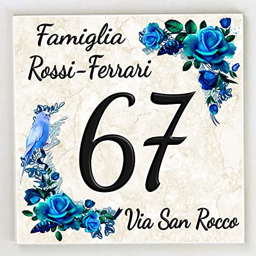 Numero Civico in Ceramica, Targa Decorativa PERSONALIZZABILE,Numero Civico su Mattonella in Ceramica 15x15cm, 20x20cm con Indirizzo e Nome Famiglia Personalizzato,Numeri Civici Moderni.
