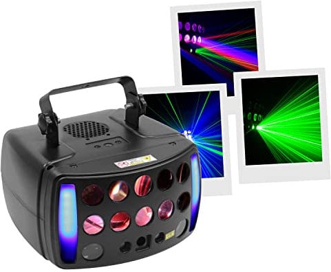 BoomToneDJ STARLIGHT-LZR Set di luci DJ 4 effetti fasci multicolori LZR, Strob, Controllo DMX Programmi automatici Rilevamento musicale Telecomando. Illuminazione Discoteca Club Festa Serata