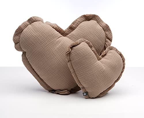 von Herzen Handmade Musselinkissen aus 100% Baumwolle Kuschelkissen I Dekokissen auf Musselin in Herzform I Herzkissen für Sofa & Bett I Handgenäht (Klein (Ø ca. 18cm), Beige)