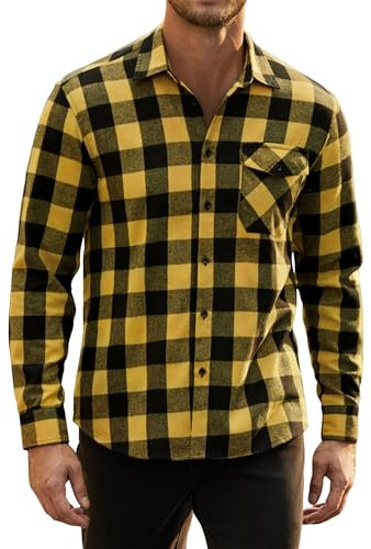 HISDERN Chemise décontractée à Carreaux en Flanelle à Carreaux pour Hommes Chemises boutonnées à Carreaux Coupe régulière Jaune XL