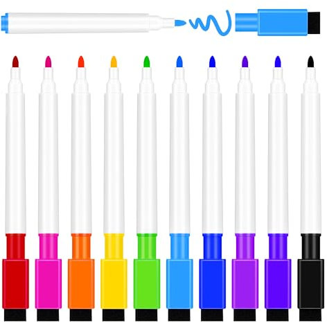 YUNAI Whiteboard Marker Pens with 10 Assorted Colours, 10 PCS Dry Wipe Fine Tip Marker Pens for Whiteboard, Thin Bullet Tip Whiteboard Pens with Eraser, Office Classroom Teacher Family Supplies