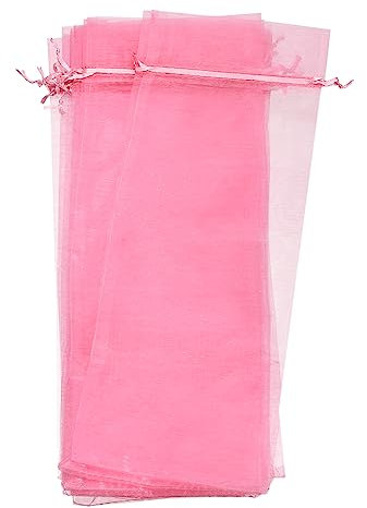 sourcing map Organza Wine Bags, 12PCS 14.5 x 5.5 in Pink Sheer Mesh Organza Wine Wrapping Bags with Drawstring Wine Gift Pouches for Bottle Birthday, Wedding Party