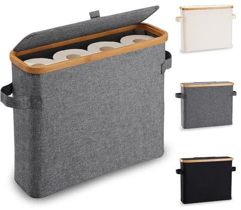 Toilet Roll Holder Storage Stand, Toilet Roll Storage Basket with Lid, Bamboo Toilet Roll Storage Holder Organiser Free Standing for Bathroom Cabinet, Toilet Roll Storage Box Unit Organizer, Gray