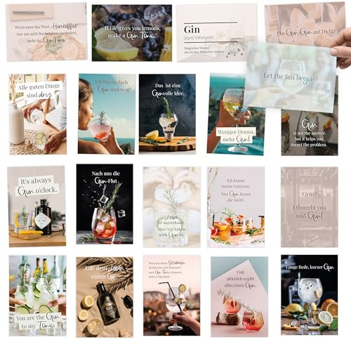 Kipitan 20 Postkarten Set zum Thema GIN - mit lustigen Sprüchen als Geschenk für Ginliebhaber - zum Verschenken für Gintrinker, Freundin/Freund oder Kollegin & Kollegen