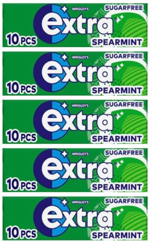 5 x packs Ex xtra Spearmint Flavour Sugar Free Chewing Gum - Freshens Breath, Oral Hygiene for Healthy Teeth and Gums