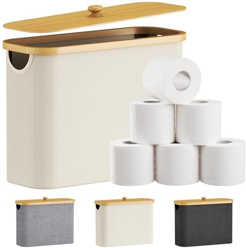 Lifewit 23L Toilet Roll Storage, Bathroom Storage Box Holder Stand with Lid, Bamboo Multifunctional Toilet Paper Basket Cabinet with Handle, White