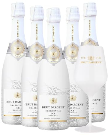 Brut Dargent Ice Chardonnay | 5 Flaschen + 1 limitiertes Acryl Glas gratis | Erfrischender Schaumwein | Ideal für besondere Anlässe | 750ml pro Flasche | Exklusives Genusserlebnis