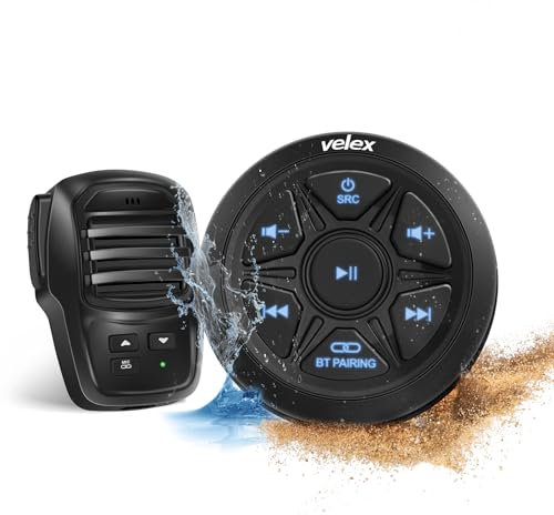 Velex Ricevitore audio Bluetooth, amplificatore marino impermeabile a 2 canali con microfono a mano ricaricabile, portata wireless 30 piedi