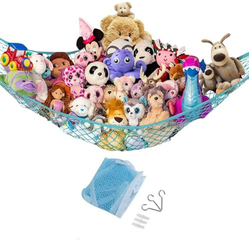 Teddy Hammock, Teddy Net Hammock with Hock & Large Mesh Net for Stuffed Animal Storage, Teddy Bear Hammocks Wall Hanging Organizer for Kids' Bedroom, Playroom, Bathroom & Nursery (BLUE)