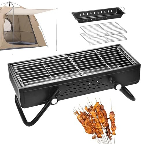 Duroecsain Barbacoa de madera plegable de madera | Horno de camping sin humo | Barbacoa grande de carbón vegetal, barbacoa de acero inoxidable con gran superficie de barbacoa para camping, cocinar al