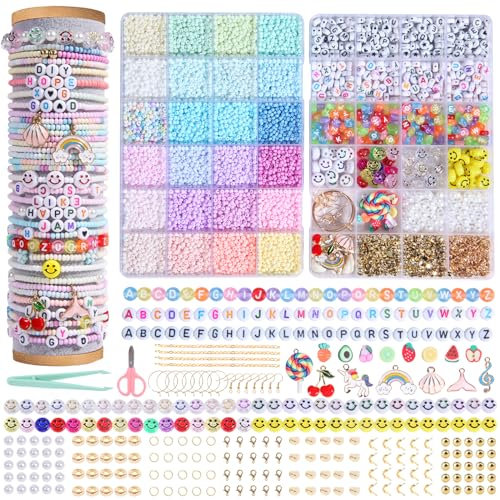 WLIAGYE Perlen Set Macaron 3mm Selber Machen Perlen für Armbänder mit Buchstabenperlen,Smiley perlen,Erwachsene & Kinder Geschenke für DIY Schmuckherstellung kit,Oster,Urlaub,Geburtstage,Partys