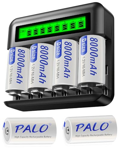 Palogreen 6 Pack Rechargeable D Batteries with Charger, Universal Battery Charger for AA/AAA/C/D 1.2V NI-MH NI-CD Rechargeable Battery (3 Battery Boxes)