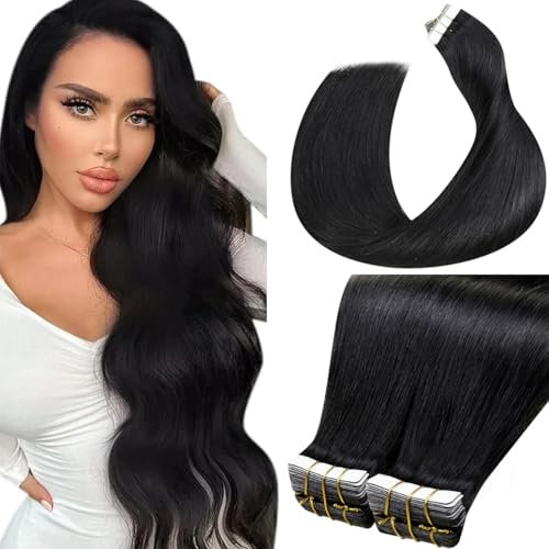 LaaVoo Echthaar Extensions Tape Schwarz Tape in Extensions Echthaar Invisible Haar Extensions Tape Echthaar Schwarz Haarverlängerung Echthaar Tapes Remy Human Hair Glatt 80g 40 Stück #1 40cm