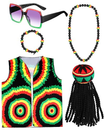 HICARER 5 Stück Rasta Kostüm Zubehör Rasta Hut mit Schwarzer Dreadlocks Perücke Jamaikanische Weste Quadratische Rasta Brille Jamaikanisches Armband und Halskette für Männer Frauen Halloween Cosplay