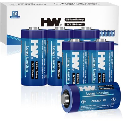 HW CR123A 3V Lithium Batteries, 6 Pack 1700 mAh Long Lasting Power Photo Lithium Battery for Home Safety, Security Devices, Flashlight, 10 Years Shelf Life (Non-Rechargeable)