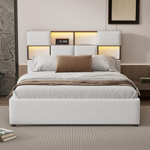 Aoskem Polsterbett Bett 140x200 Doppelbett, LED-Kopfteil mit Stauraum Ablagefächer & USB-Buchse, Bettgestell mit Lattenrost, Kinderbett Jugendbett Flachbett Funktionsbett, Ohne Matratze, Leinen Beige
