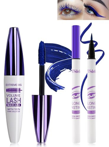 Mascara in fibra di seta 5D blu e eyeliner liquido, eyeliner liquido impermeabile e resistente alle sbavature, allungamento per ciglia volumizzanti a lunga durata, mascara per feste, trucco occhi
