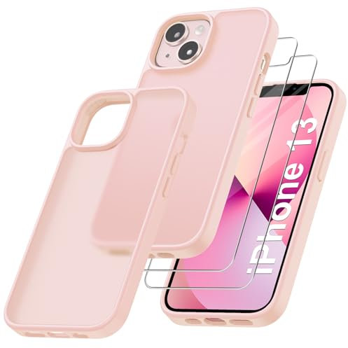 Qasyfanc Mate Funda Compatible con iPhone 13, Carcasa con Protección de La Cámara y 2 Protector Pantalla, Translúcida Protección Militar Anti-Choque Funda PC Anti-Arañazos Caso, Rosa Claro