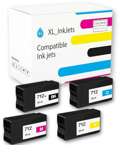 XL-Ink Compatible Ink Cartridges for HP 712 C,M,Y, 712XL BK High Yield Ink Cartridge for HP DesignJet T650 T630 T230 T210 Studio Plotter (Pack of 4)