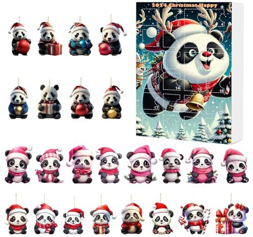 Weihnachts-Panda-Adventskalender 2024, Countdown-Kalender mit Panda-Anhänger für den Weihnachtsbaum, Countdown-Kalender mit Panda-Figur aus Acryl, 2D-Adventskalender mit Panda-Christbaumschmuck