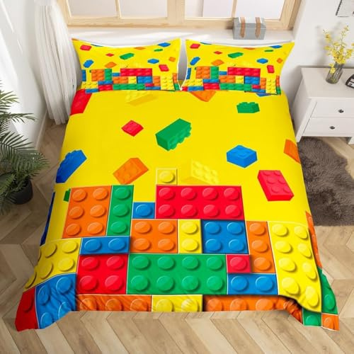 Loussiesd Building Block Print Bettbezug Set Kinder Ziegel Stile Bettwäsche-Set für Jungen Teens Bunte Bettwäsche Set 135x200cm Atmungsaktive Gaming Gelb Bettbezug Raum Dekor Betten Set